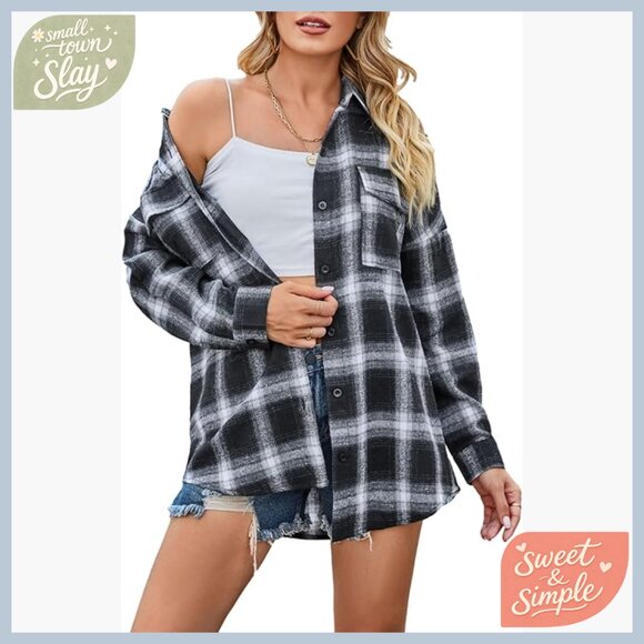 Tops - Oversized Flannel Plaid Button Down Shirt Lightweight Long Sleeve Blouse